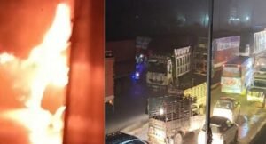 दिल्ली जयपुर हाईवे पर दो ट्रालों में लगी आग, लगा जाम